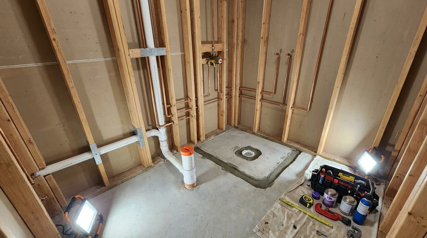 Bathroom rough-in plumbing during remodel by Johns Plumbing LLC in Napoleon
