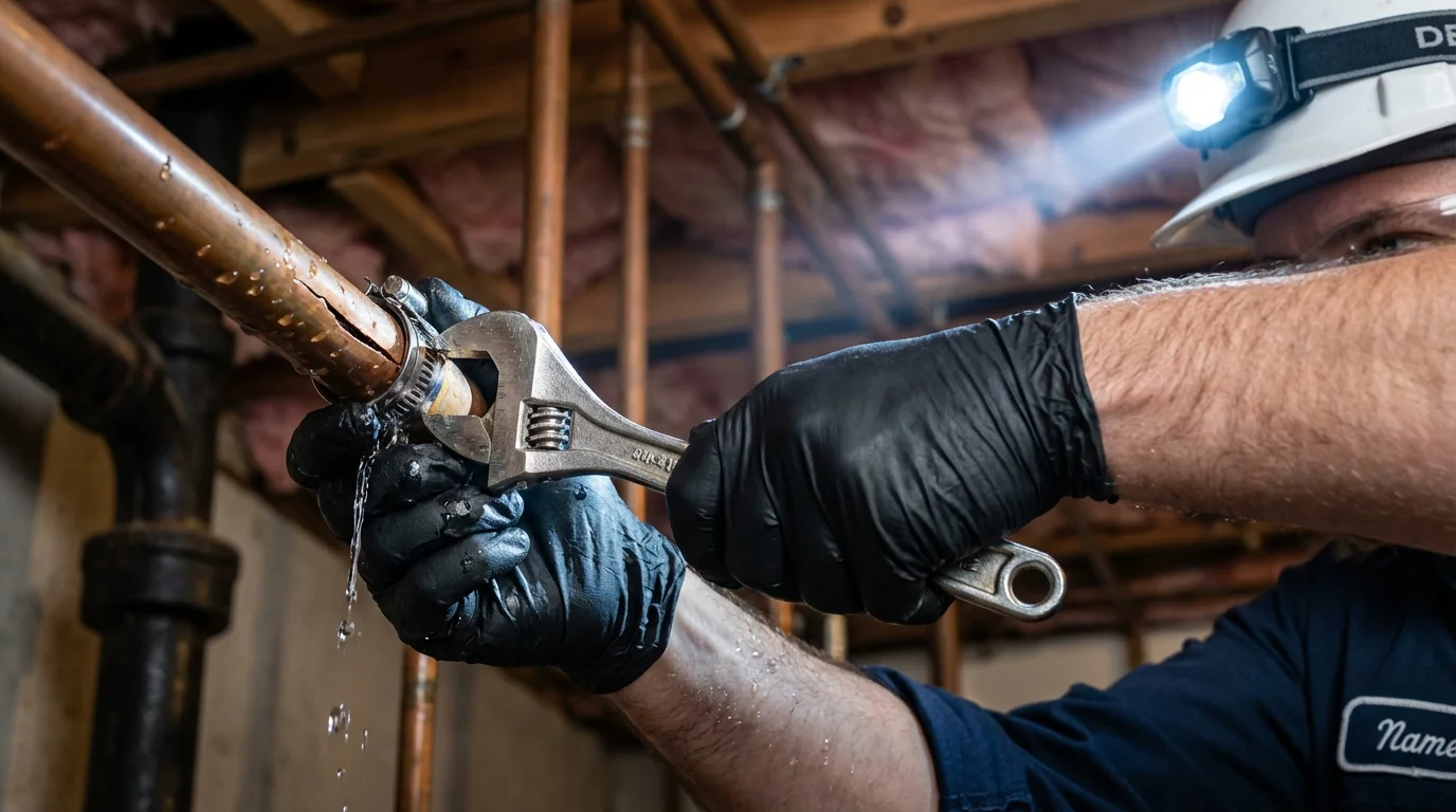 Emergency pipe clamp repair being performed by a Johns Plumbing LLC plumber in Napoleon
