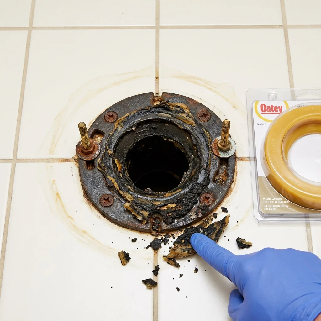 Failed wax ring showing water seepage at the base of a toilet in a Napoleon, OH home