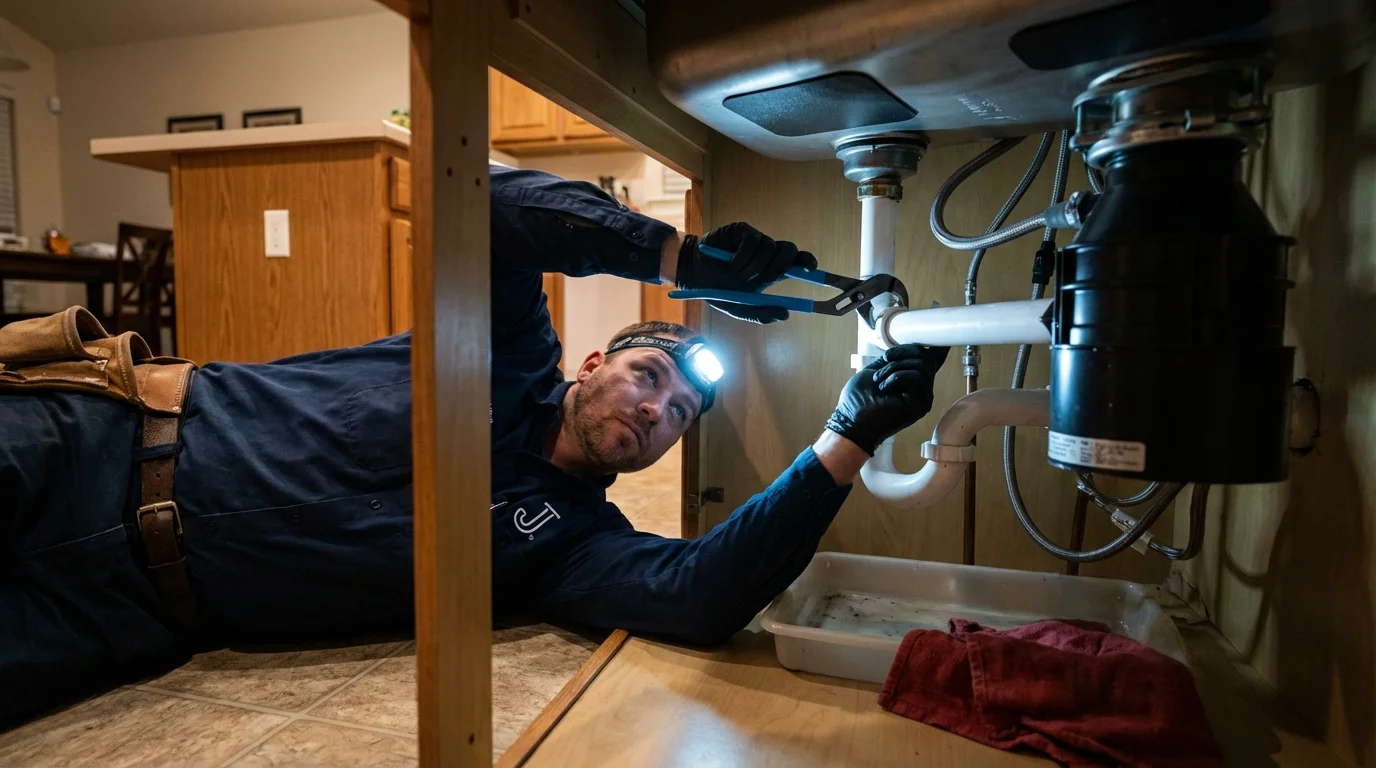 P-trap and supply line connections under a kitchen sink showing a common leak point in Napoleon, OH